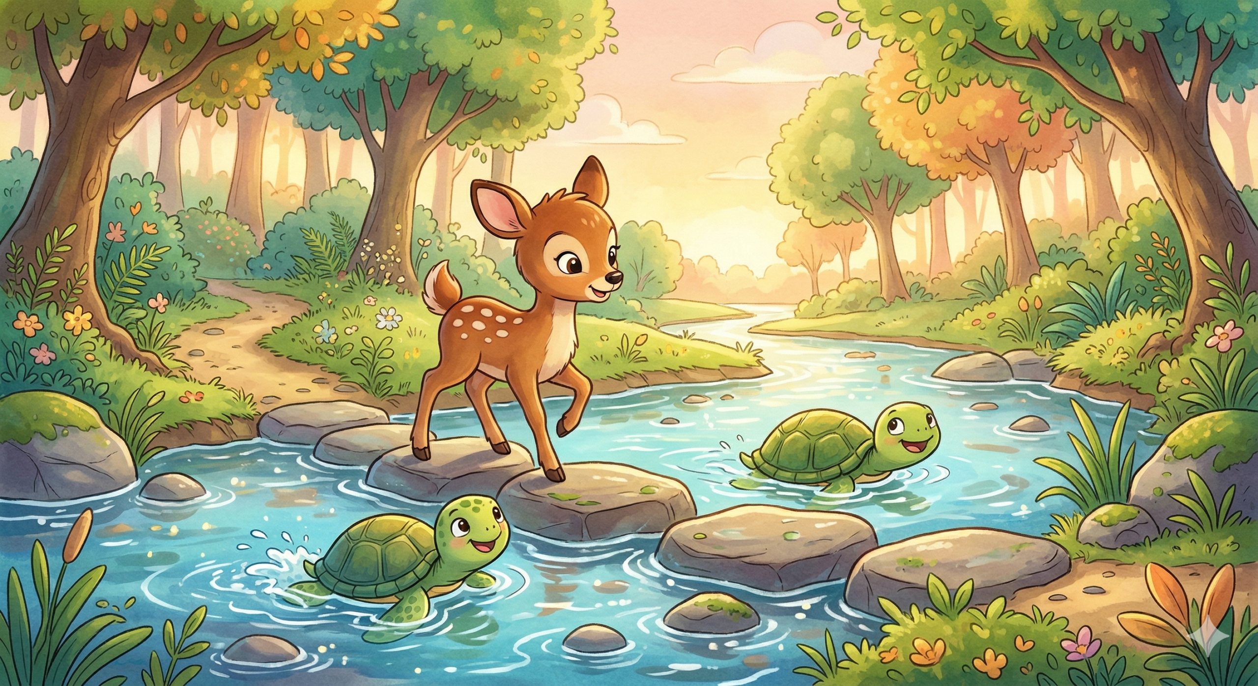 Rusa kecil menyeberangi sungai dengan kura-kura