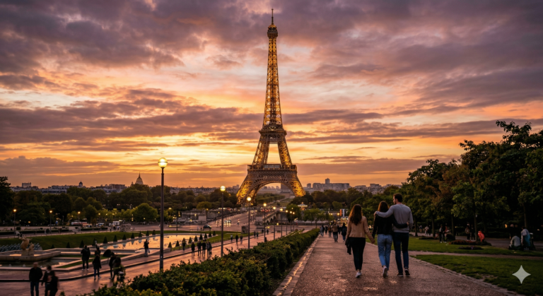 Menara Eiffel saat matahari terbenam