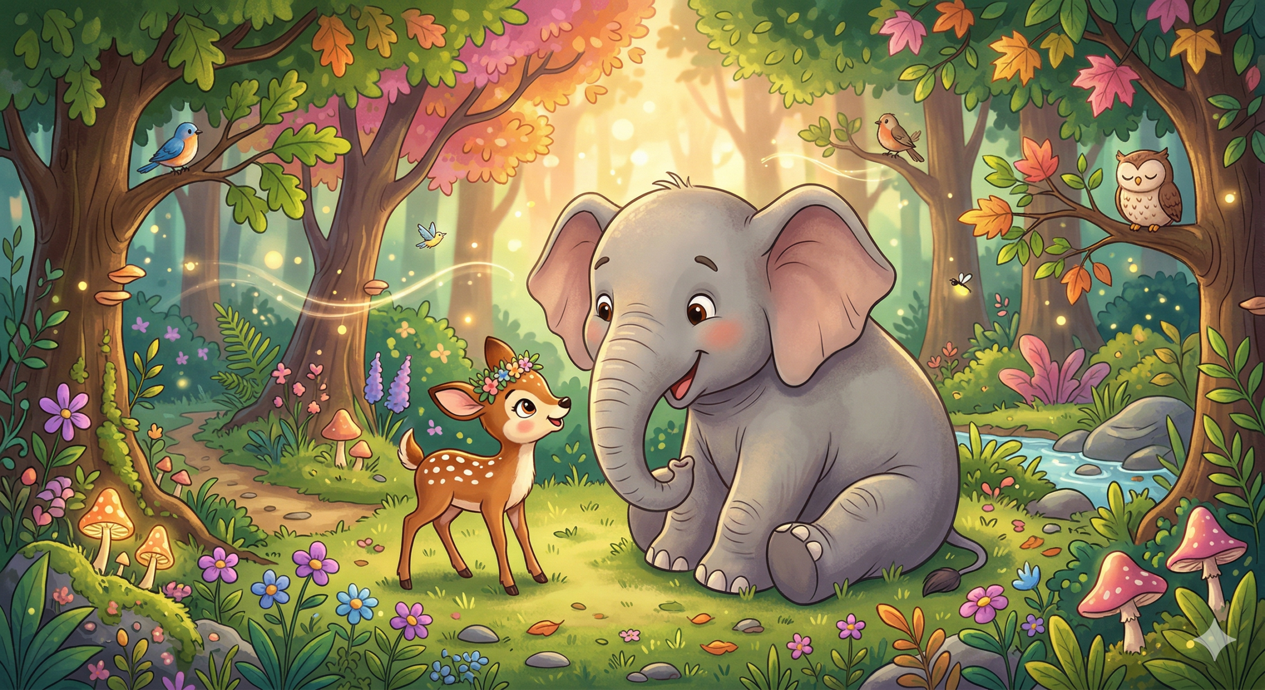 Rusa kecil dan gajah di hutan