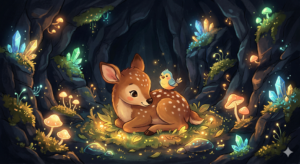 Rusa kecil dan burung di dalam gua