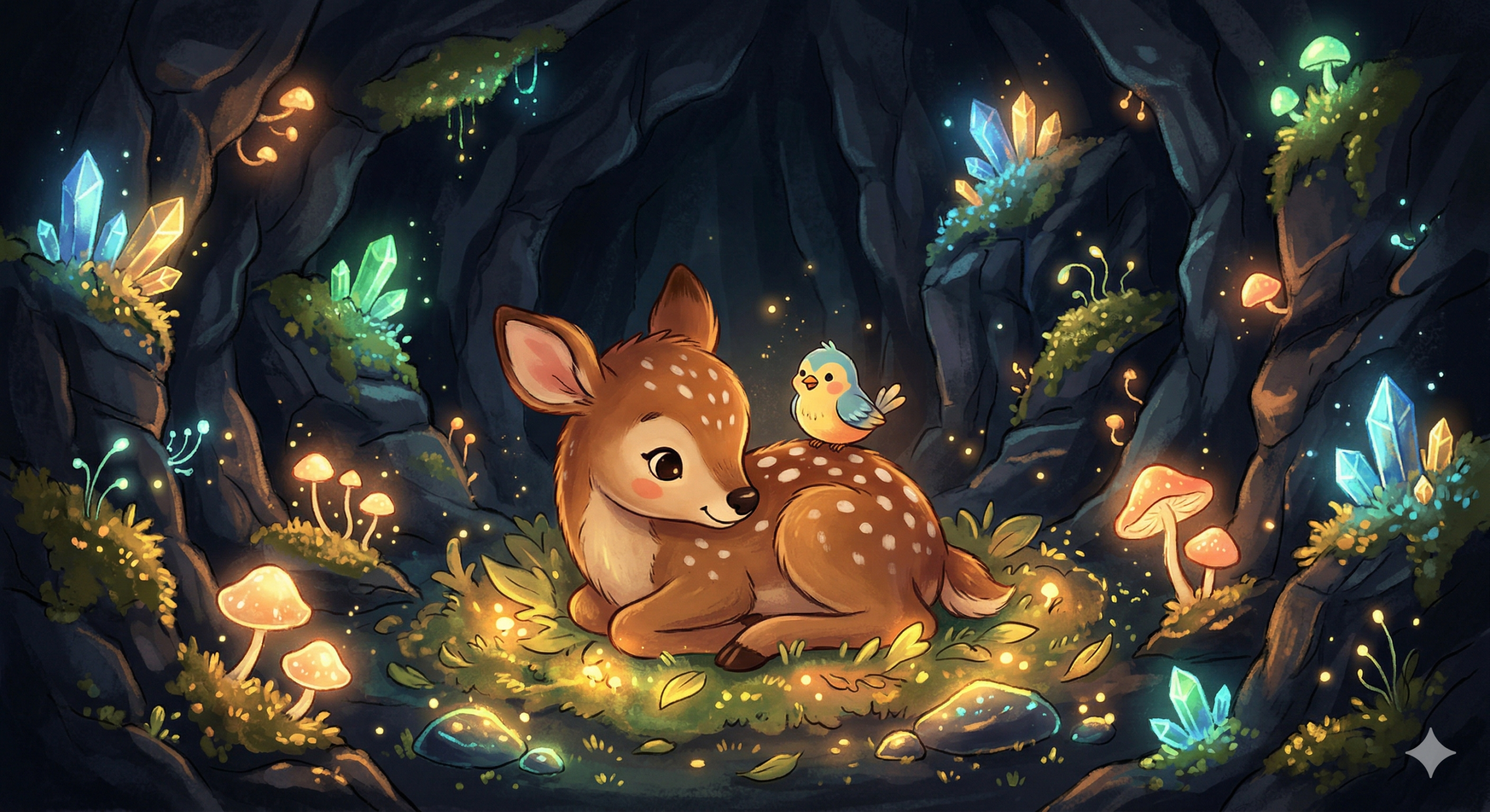 Rusa kecil dan burung di dalam gua