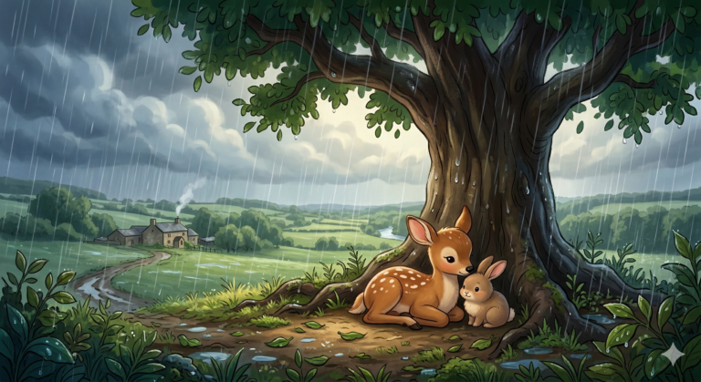 Rusa kecil dan kelinci berteduh saat hujan