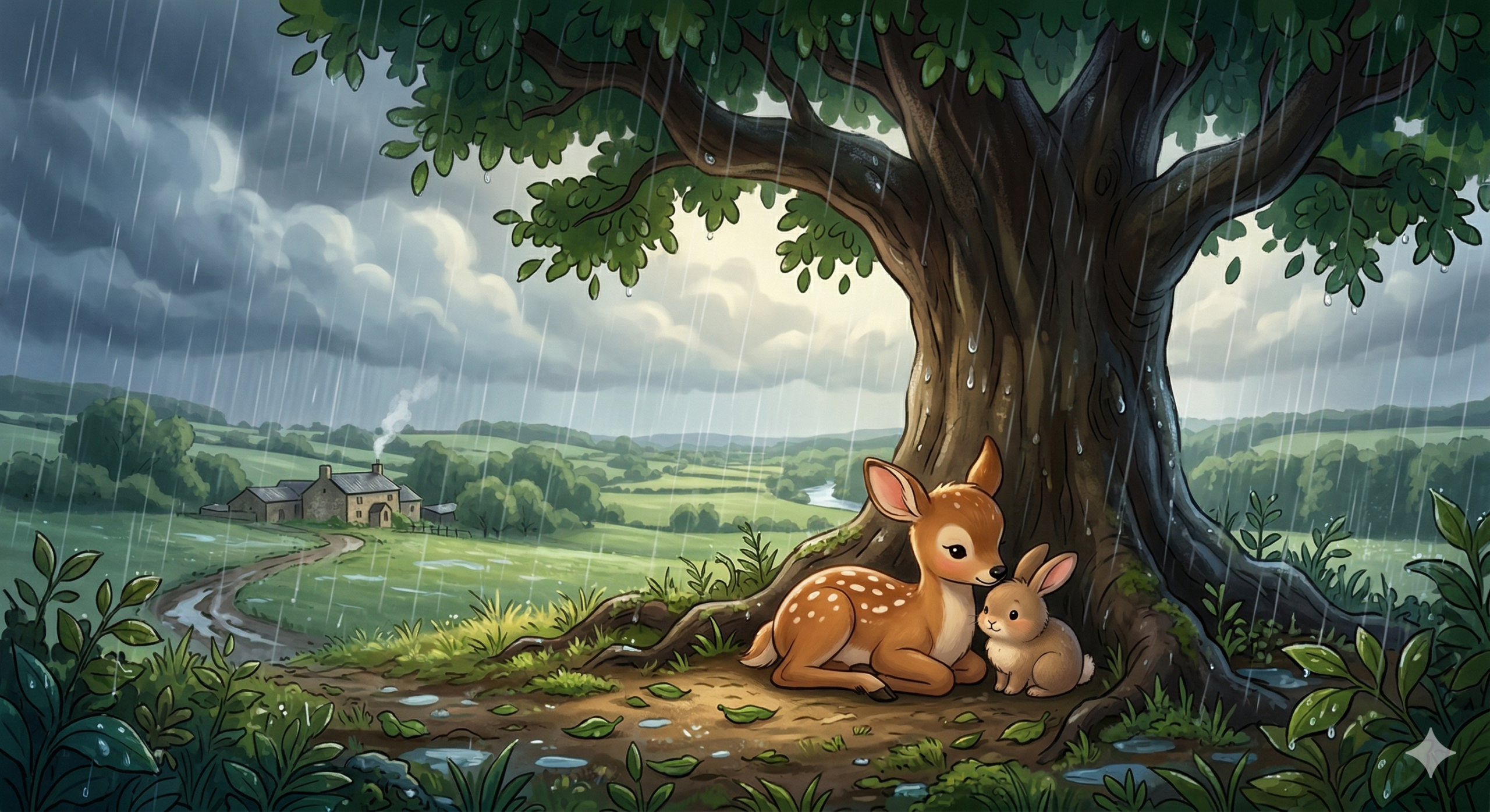 Rusa kecil dan kelinci berteduh saat hujan